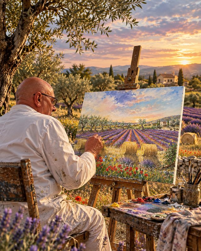 Le peintre au chevalet, sous un olivier, devant un champ de lavande au coucher du soleil